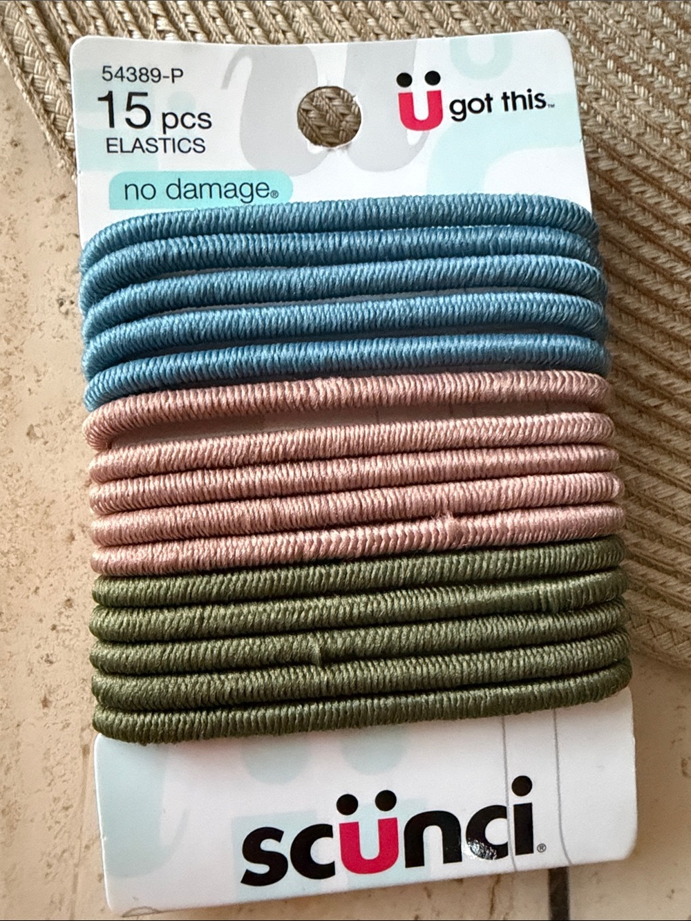 scunci 15-Pack Elastic Hair Ties in Blue, Pink, and Olive Green No Damage